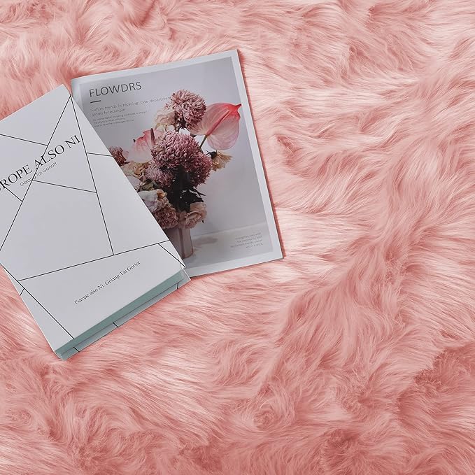Goolela Pink Area Rug 9x12 Fluffy Fuzzy Furry Rug for Girls Bedroom Faux Sheepskin Fur Shaggy Soft Luxury Rectangle