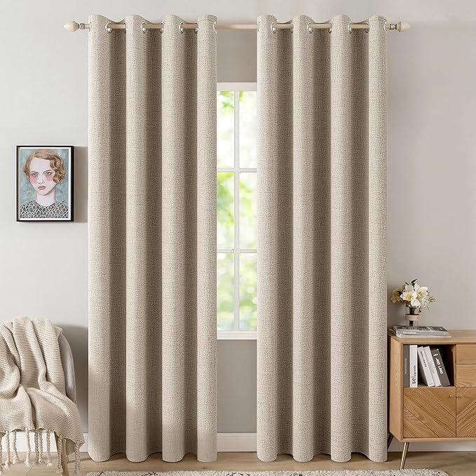 MIULEE 100% Blackout Linen Textured Curtains for Bedroom Solid Thermal Insulated Taupe Grommet Room Darkening Curtains & Drapes Luxury Decor for Living Room Nursery 52 x 96 Inch (2 Panels)