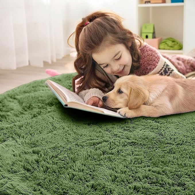 OLANLY Green Round Rugs for Bedroom - Machine Washable, 7 ft Circle Area Rugs for Living Room, Soft and Fluffy Shaggy Carpet for Teen Girl and Boys, Nursery Rooms, Dorms, Home Decor Aesthetic