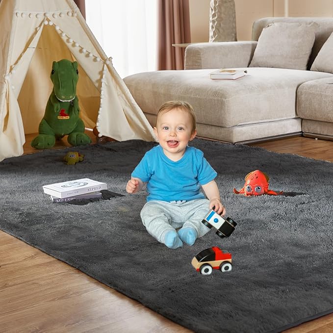 Cozy Shag Area Rug for Living Room, Anti-Skid Rectangular Indoor Floor Carpet for Kids Boys Girls Dorm Bedroom Playroom, Home Decor Aesthetic Enhancement (6x9 Feet, Solid Gray)