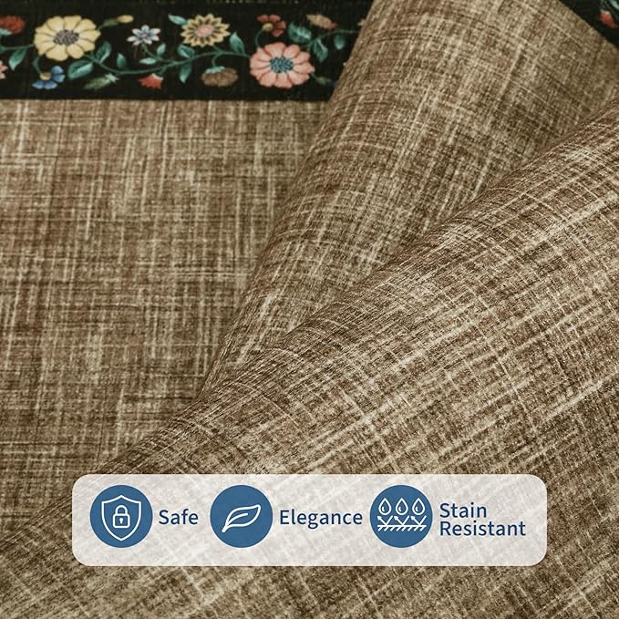 GarveeHome 4x6 Area Rugs for Bedroom Living Room Machine Washable Rugs Floral Bordered Small Carpet Non-Slip Stain Resistant Accent Carpet for Dining Room Table Apartment Office, Brown