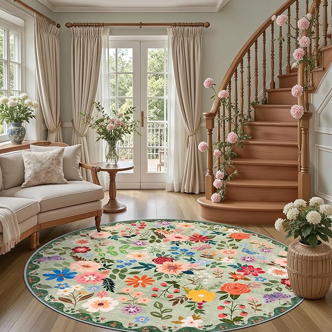 Round Area Rug for Living Room: 6 ft Floral Washable Circle Rug Soft Boho Non-Slip Carpet Indoor Stain Resistant Low Pile Small Circular Rug for Bedroom Entryway Kitchen Nursery Home Office Green