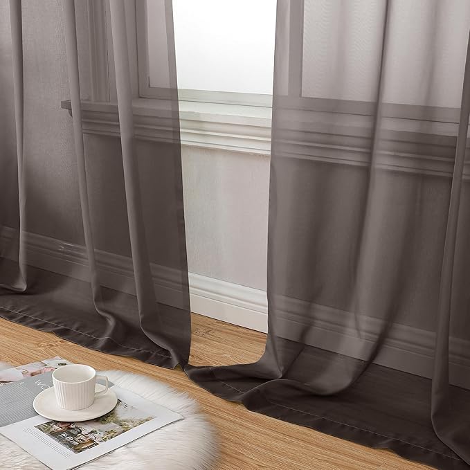 Aiyufeng Chocolate Sheer Curtains 72 Inches Long 2 Panels, Solid Voile Top Dual Rod Pockets Stylish Breathable Drapes Window Treatment for Kid's Room/Bedroom/Living Room, 42W x 72L, Chocolate Brown