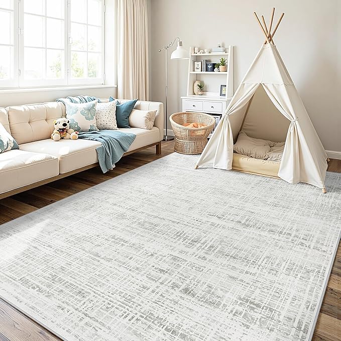 5x8 Area Rugs Washable Rug: Anti-Skid Abstract Modern Living Room Rug Soft Thin Carpets Indoor Floor Non-Shedding Carpet for Bedroom Dining Farmhouse Nursery Home Office (White Gray, 5'x8')