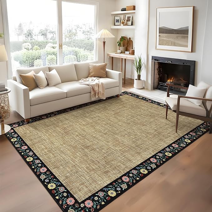 GarveeHome 4x6 Area Rugs for Bedroom Living Room Machine Washable Rugs Floral Bordered Small Carpet Non-Slip Stain Resistant Accent Carpet for Dining Room Table Apartment Office, Yellow