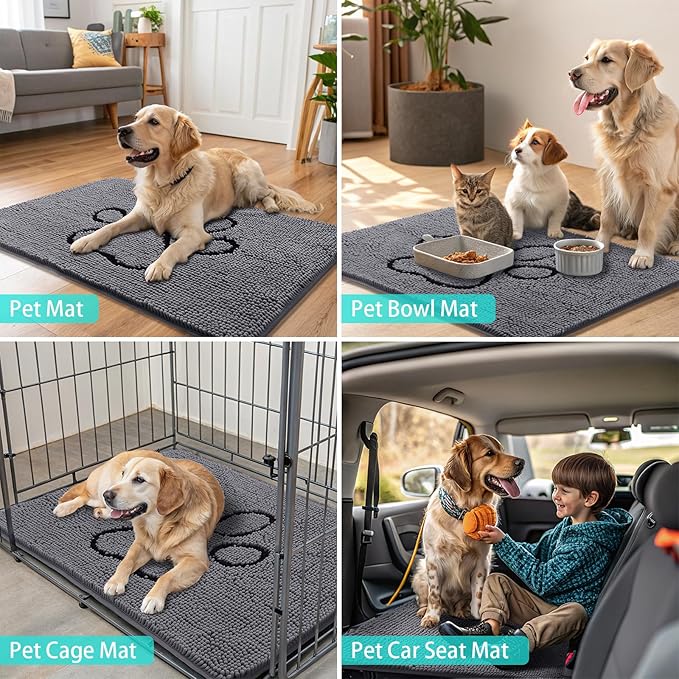 Smiry Dog Door Mat for Muddy Paws, Absorbent Dirt Trapper Non Slip Quick Dry Washable Chenille Mat for Mud Dogs, Entry Rug for Indoor and Outdoor (40x32 Inches, Dark Grey and Black)