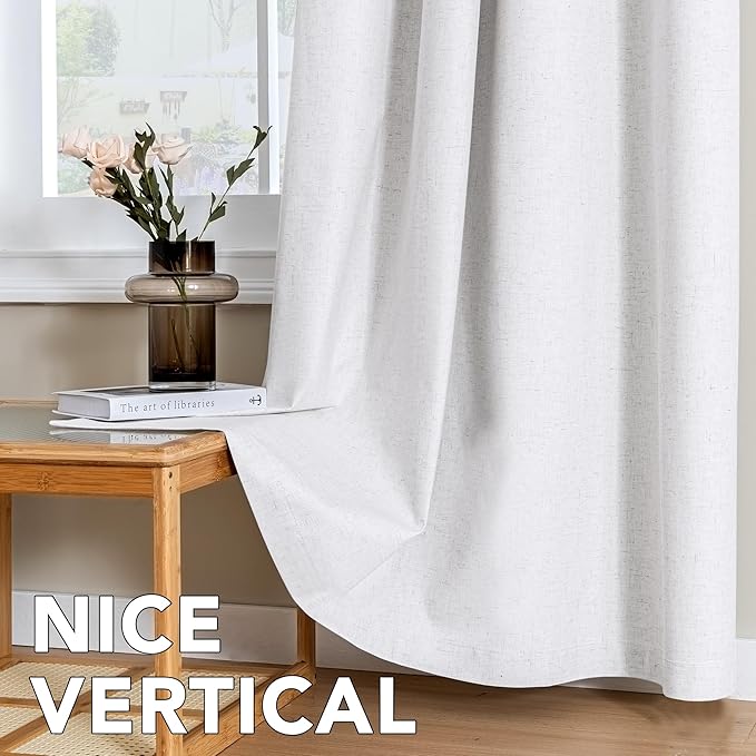 H.VERSAILTEX Linen Curtains 100% Blackout Curtains for Bedroom 108 inch Long Full Light Blocking Nature Linen Blended Window Curtains for Living Room Nickel Grommet (2 Panels, Heathered White)
