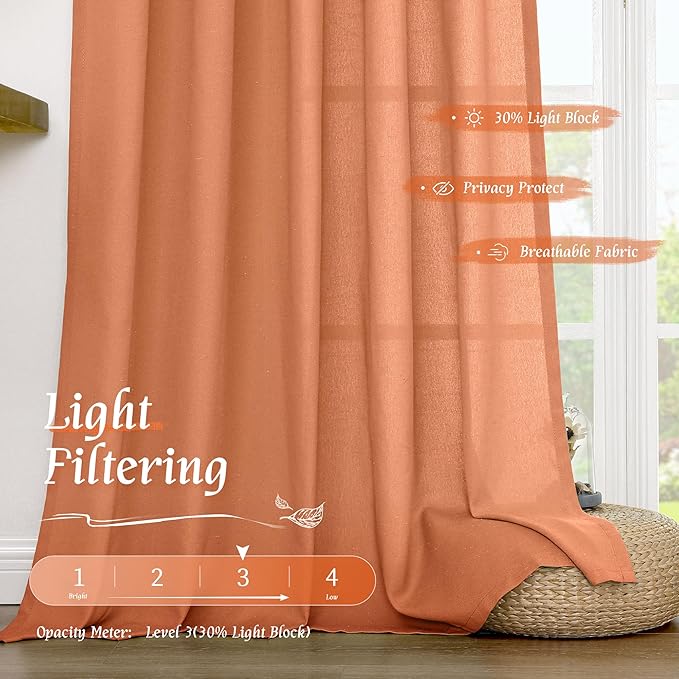 LAMIT Terracotta Linen Boho Curtains 84 inch Length 2 Panels, Light Filtering Burnt Orange Drapes Rod Pocket Western Rustic Panels for Bedroom/Living Room, 52 x 84 Inch