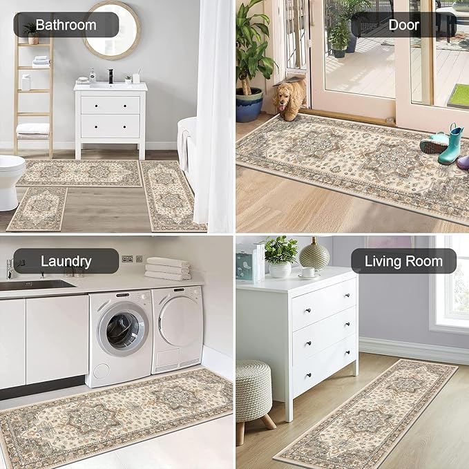 HEBE Boho Kitchen Rug Sets 3 Piece with Runner Non Slip Kitchen Rugs and Mats Washable Kitchen Mats for Floor Thick Kitchen Floor Mat Carpet Runner Rugs for Hallway Laundry Holiday Decor