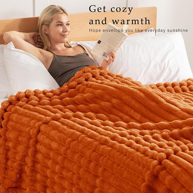 Exclusivo Mezcla California King Size Flannel Fleece Blanket, Super Soft Striped Jacquard Bed Oversized Blanket, Lightweight Fuzzy Cozy for All Seasons, 120x120 Inches, Burnt Orange