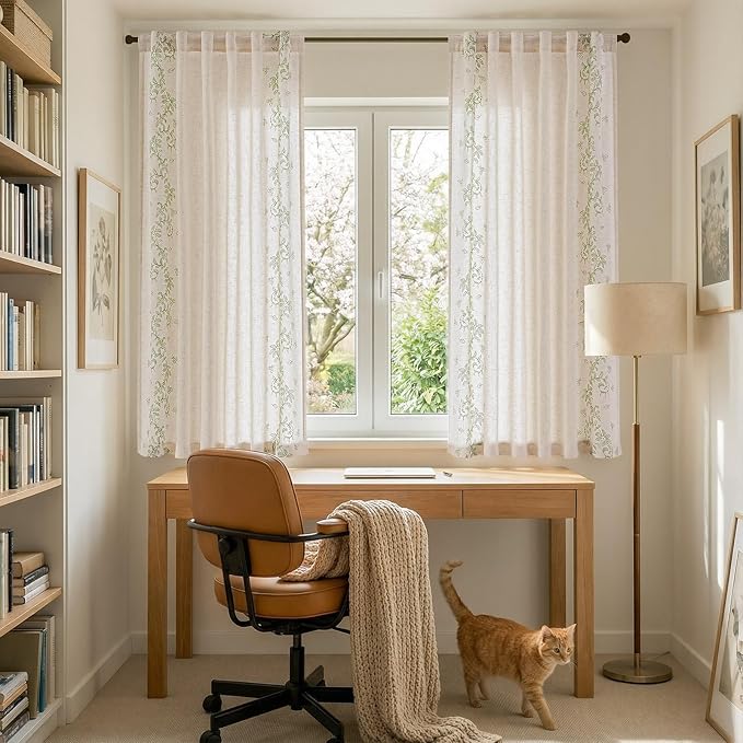 jinchan Evelyn Embroidered Linen Curtains 63 inch Floral Curtains for Living Room Bedroom Farmhouse Cottagecore Semi Sheer Light Filtering Window Drapes Rod Pocket 2 Panels W50 x L63 Sage Green