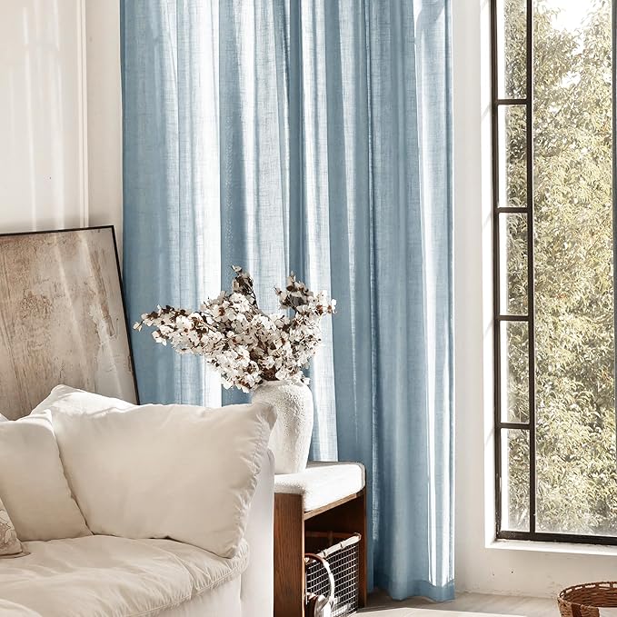 Dusty Blue Linen Curtains for Living Room Back Tab Light Filtering Semi Sheer Light Blue Bedroom Curtain Linen Cotton Textured Grey Blue Drapery Panel Airy Modern Farmhouse Aesthetic Decor 52x120 Long