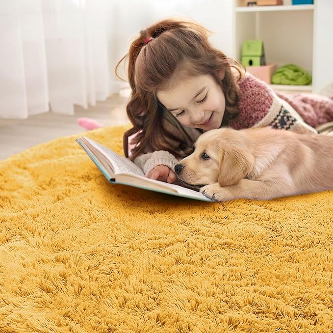 OLANLY Mustard Yellow Round Rugs for Bedroom - Machine Washable, 9 ft Circle Area Rugs for Living Room, Soft and Fluffy Shaggy Carpet for Teen Girl and Boys, Nursery Rooms, Dorms, Home Decor Aesthetic
