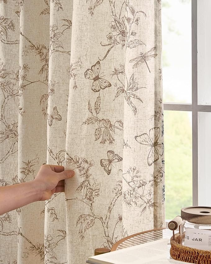 jinchan Floral Linen Curtains for Living Room 84 Inch Length Butterfly Curtain Taupe Floral Curtains French Country Farmhouse Curtain Flower Patterned Drapes Window Treatment Set 2 Panels