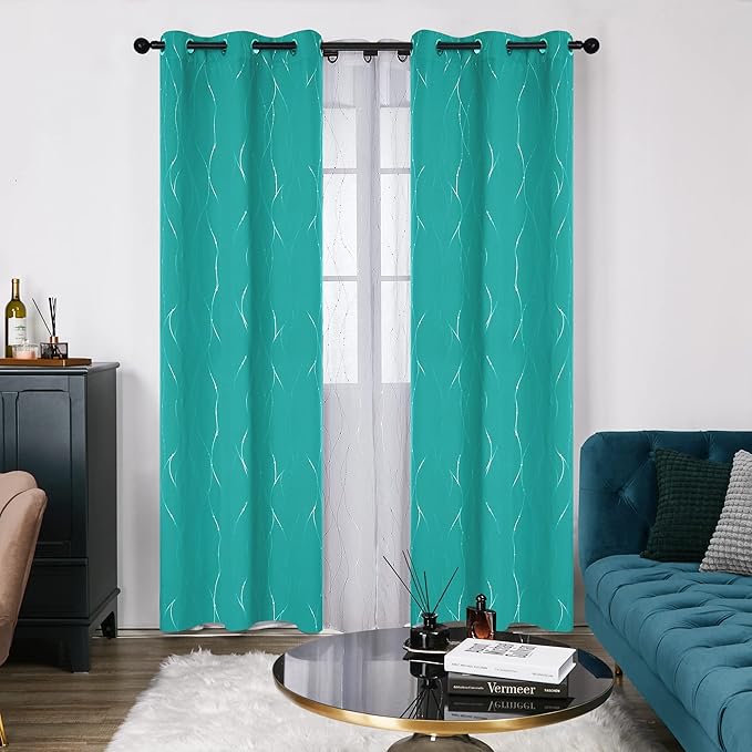 Deconovo Blackout Curtains for Bedroom, Thermal Insulated Soundproof Drapes with Wave Dot Foil Print, 42 x 84 Inch Long, Set of 2, Machine Washable Window Curtain for Living Room Office, Turquoise