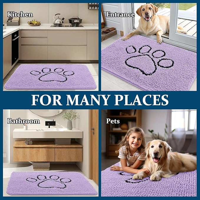 OLANLY Dog Door Mat for Muddy Paws 36x24, Paw Print Design, Absorbs Moisture and Dirt, Absorbent Non-Slip Washable Doormat, Quick Dry Chenille Mud Mat for Dogs, Entry Indoor Entryway Carpet, Lavender