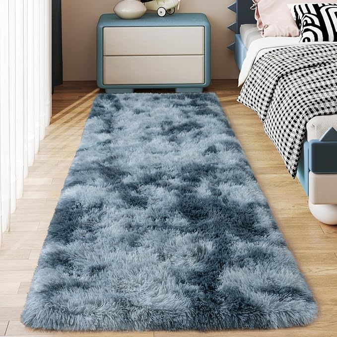 Soft Runner Rugs for Bedroom Hallways, 2x5 Tie-Dyed Blue Grey Fluffy Shag Throw Area Rug Non Slip for Bedside Dorm, Long Shaggy Furry Carpet for Nursery Living Room