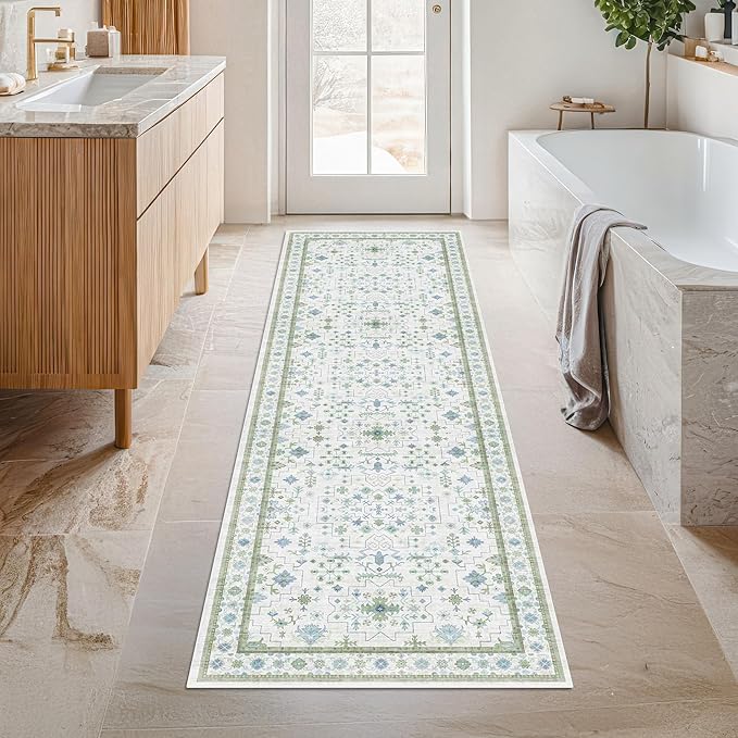Hazo Haus Boho Bathroom Runner 2x7 - Cream Green Oushak Floral Turkish, Washable Low Pile Non Slip Stain Resistant Small Accent Rug for Kitchen, Hallway