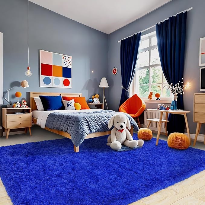 Pionblank 8x10 Rug for Living Room, Fuzzy Plush Large Area Rug, Fluffy Modern Shag Non Slip Soft Furry Carpet for Bedroom Kids Room Nursery Teens Dorm Home Decor, Royal Blue