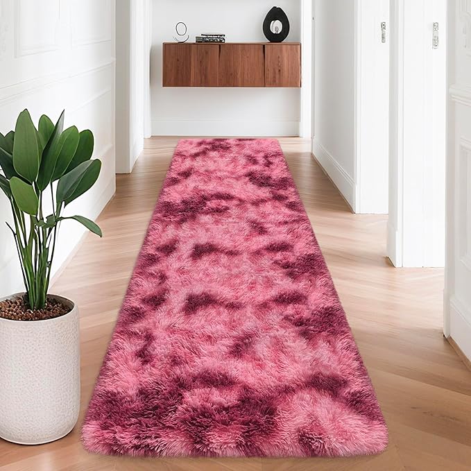 Tie-Dyed Red 2x8 Machine Washable Runner Rugs for Hallway Soft Fluffy Shaggy Bedside Rugs for Bedroom Living Room Indoor Floor Carpet for Kids Girls and Boys Nursery Rooms Home Decor Aesthetic