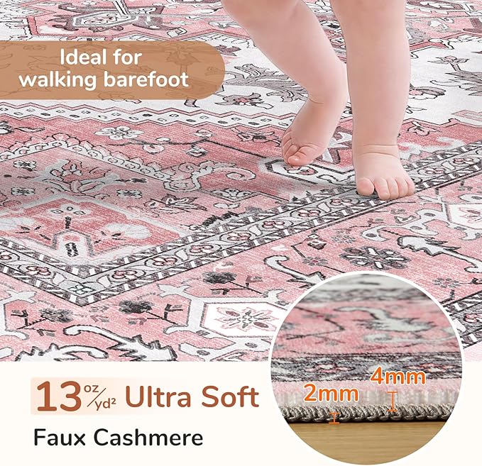 OPPODREAM Soft Area Rugs 4x6, Low-Pile Washable Rugs 4x6 with Non Slip Backing, Faux Cashmere 4 x 6 Throw Carpet, Pink & Cream