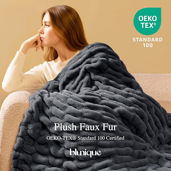 Ultra Soft Cozy Faux Fur Throw Blanket, Fuzzy Plush Thick Bubble Blanket, Oversize Luxury Fluffy Blanket for Couch, Sofa, Bedroom, and Living Room,50x60 Inches,Double Sided Charcoal Gray