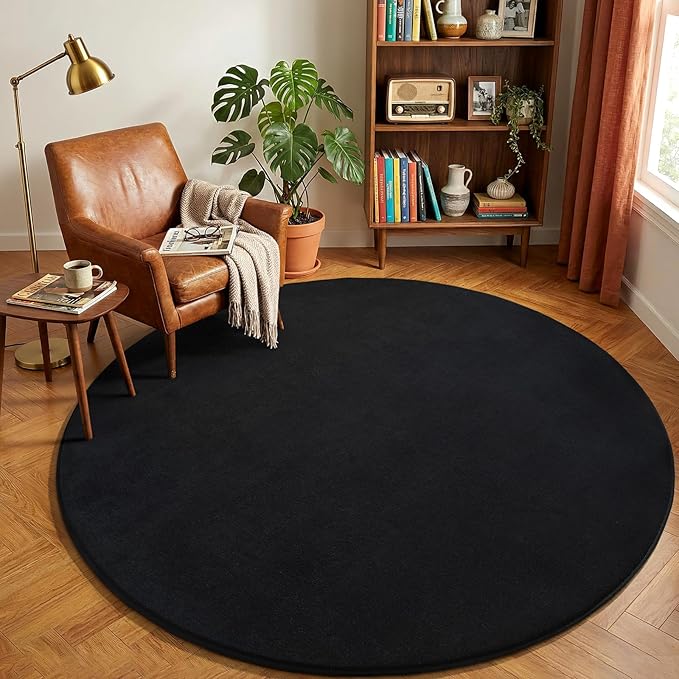 Amearea Black Round Area Rugs 6ft Washable Circle Rugs for Bedroom Living Room, Fluffy Indoor Thickened Memory Foam Rug, Non Slip Minimalist Circular Carpet for Kids Boys Girls Dorm Nursery Room Decor