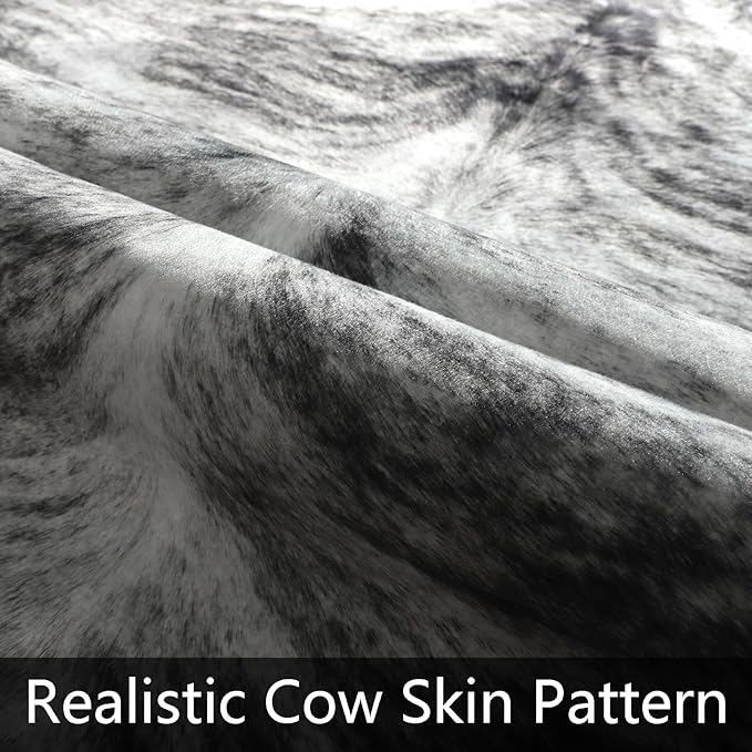 AROGAN Western Decor Faux Fur Cowhide Rug, 3.6 x 2.3 Feet Premium Animal Skin Cow Hide Rug, Sturdy Cow Print Rugs for Wall Decor, Western Floor Carpet for Bedroom Living Room, Black and Grey