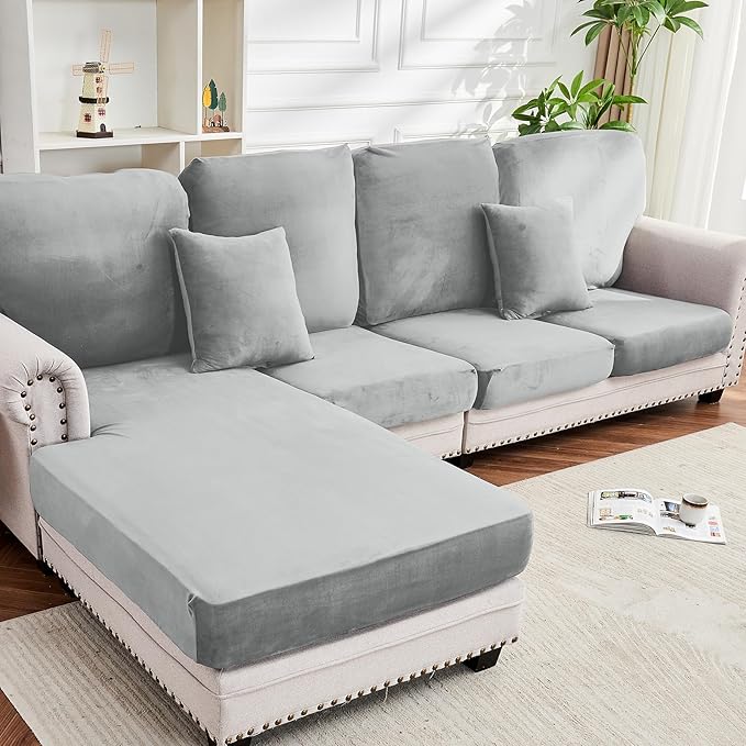 Couch Cover 8-Piece Elastic Velvet Couch Cushion Covers & Chaise Slipcovers for L-Shaped Sofas - Sofa Seat Covers Washable, Soft Protector for Couches (7 Seater + Chaise, Light Grey)