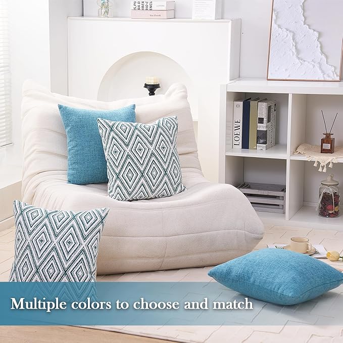 HPUK Decorative Throw Pillow Covers Set of 4 Geometric Design Linen Cushion Cover for Couch Sofa Living Room, 20"x20" inches, Aqua Blue