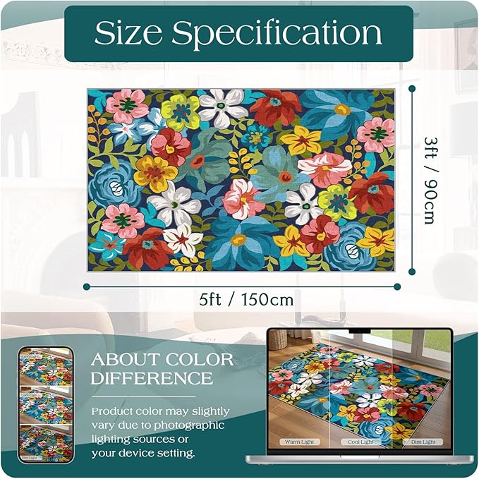 3x5 Boho Entry Rug - Small Washable Indoor Outdoor Mats for Front Door Non-Slip Porch Rug Spring Summer Colorful Floral Throw Rugs for Living Room Bedroom Entryway Kitchen Office Porch Decor