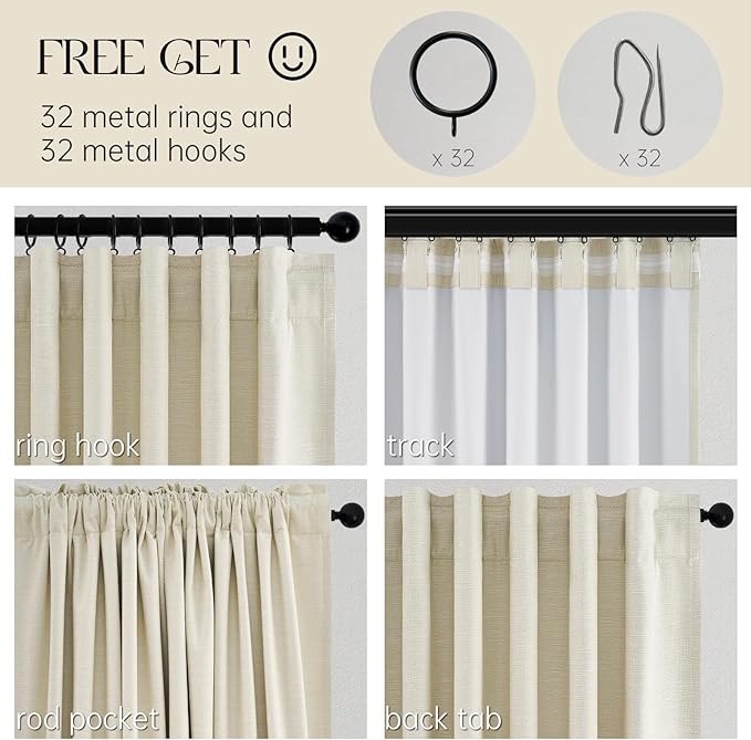 Topfinel 105 Inches Long Custom Black Out Thick Linen Drapery Panels, Cream White Pinch Pleated Heat Reflective Cottage Curtains with Pin Hooks, Luxury Lined Back Tab Drapes 2 Panels for Slider Door