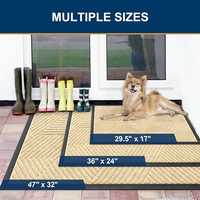 Smiry Front Door Mat Outside Entrance, Heavy Duty Sturdy Natural Rubber Doormat, Trap Dirt and Moisture, Easy Clean Low Profile Welcome Floor Mats for Indoor Outdoor Entry, 59x34 Inch, Beige