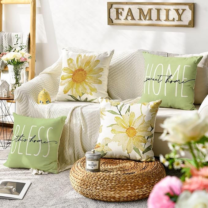 AVOIN colorlife Home Sweet Home Spring Summer Flowers Green Throw Pillow Covers, 16 x 16 Inch Cushion Case for Sofa Couch Set of 4