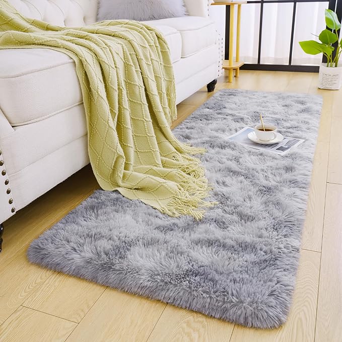 Chicrug Soft Runner Rugs for Bedroom Living Room Plush Fluffy Rug 2x8 Feet, Shag Furry Area Rug Carpet Non Shedding for Nursery Children Kids Girls Room Home Decorative, Grey and White
