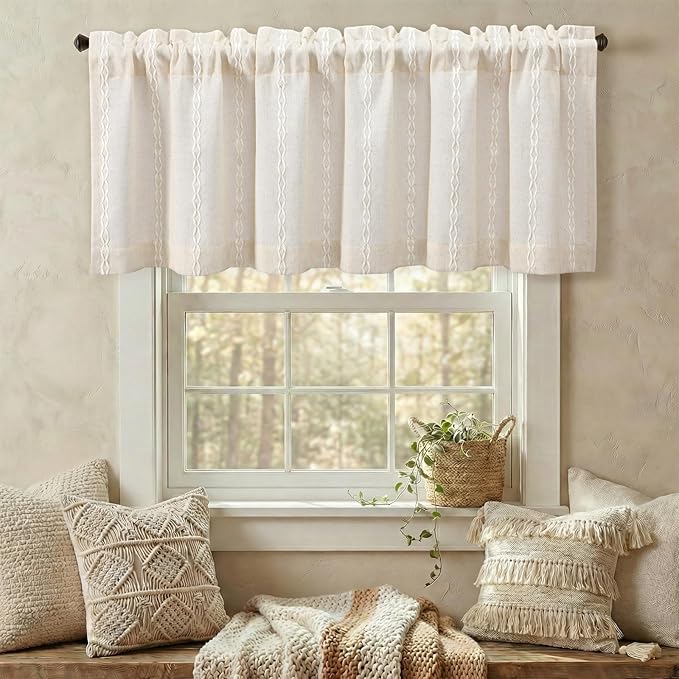 Boho Kitchen Valance for Windows, Beige Linen Blend Textured Fabric with Cotton Embroidery Vintage Western Rustic Style Light Filtering Rod Pocket Window Treatment, 52 x 18 Inch, 1 Panel
