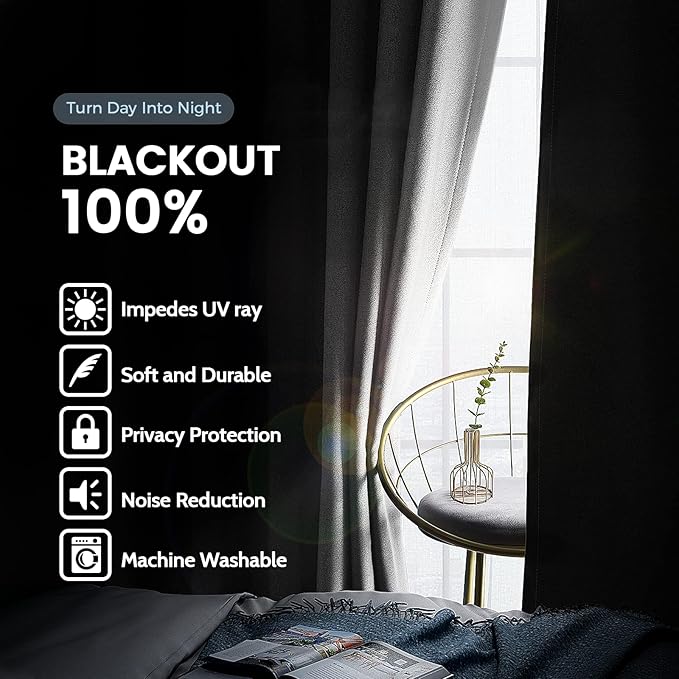 SimpleHome 100% Blackout Curtains for Bedroom,Thermal Insulated White Grommet Window Drapes Room Darkening Curtains for Living Room with Black Back,38 x 84 Inch,2 Panels