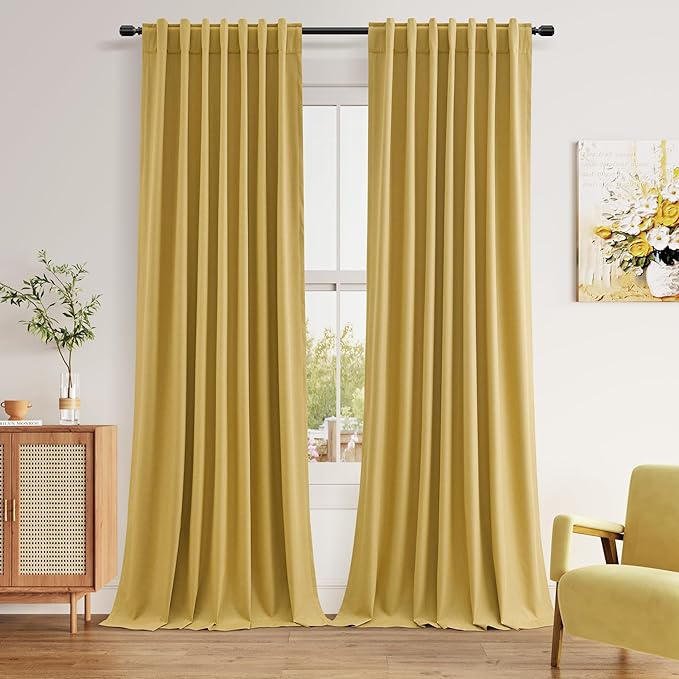 Guken 100% Blackout Curtains 90 Inch Length 2 Panels Set for Living Room Bedroom Back Tab Thermal Insulated Black Out Linen Drapes Room Darkening Window Curtains 90 Inches Long,Gold