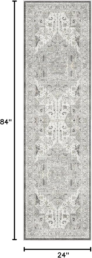 Madane Washable Runner Rug 2x7, Hallway Laundry Room Kitchen, Non Slip Rug Runners with Rubber Backing, Non Skid Stain-Resistant Non Shedding Durable Vintage Runners (2'x7', Ivory/Brown)
