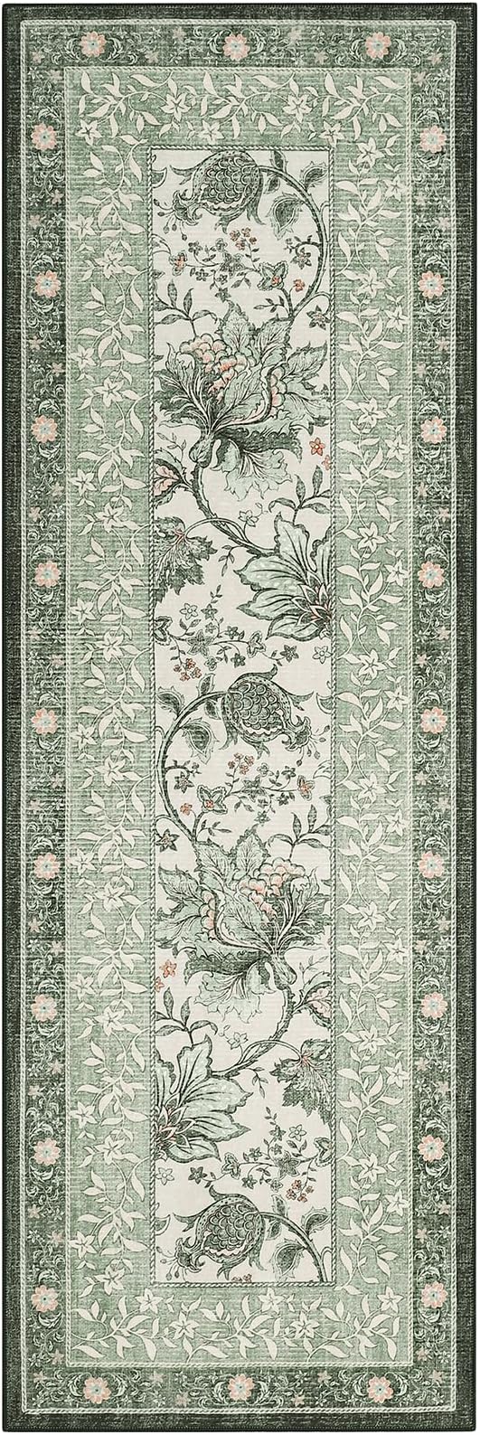 GarveeHome Sage Green 2x6 Washable Kitchen Runner Rugs Non Slip Provence Vintage Boho Cottage Long Rug for Hallways Bedroom Entryway Bathroom Mat with Rubber Back