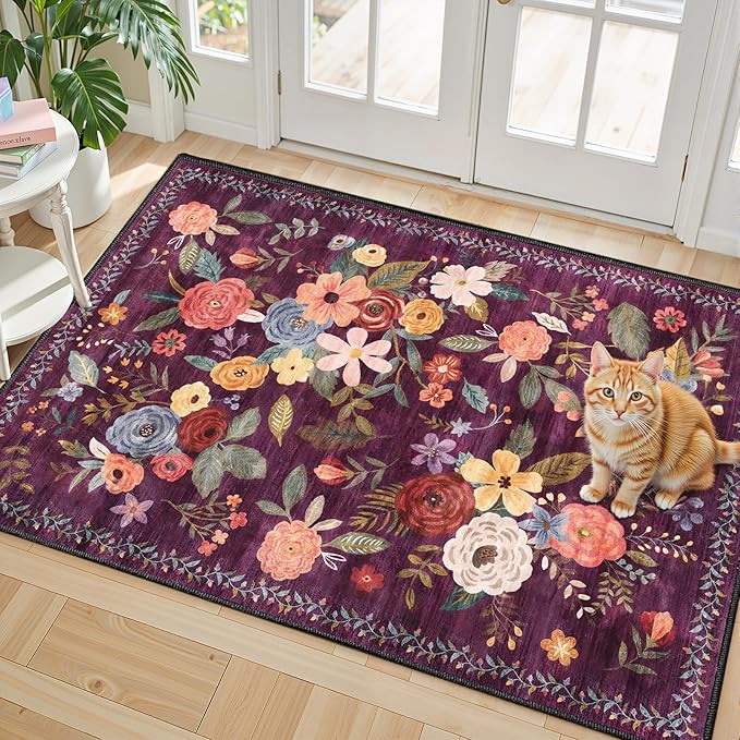 Floral Rug for Entryway, 2X3 Washable Kitchen Mat Ultra-Thin Soft, Non-Slip Indoor Door Carpet Stain Resistant Boho Small Low-Pile Throw for Bathroom Bedroom (2 x 3, Purple Lawn)