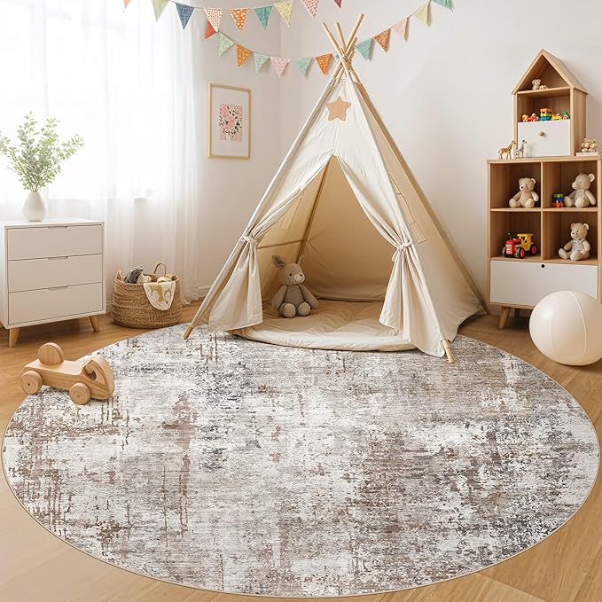 UERMEI 8ft Round Area Rug Living Room Rugs - 8x8 Washable Neutral Modern Abstract Soft Thin Rug Indoor Floor No Slip Rug Carpet for Bedroom Under Dining Table Home Office Decor - Brown/Grey/Red