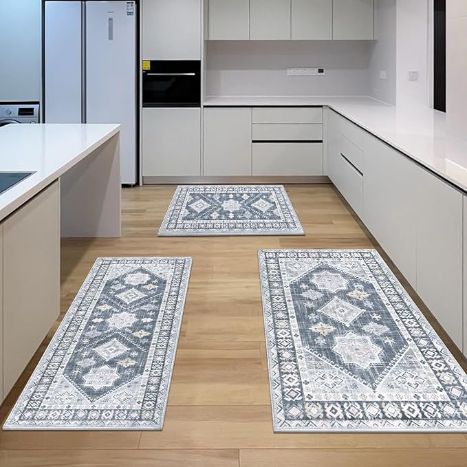 HEBE Boho Kitchen Rug Sets 3 Piece with Runner Non Slip Kitchen Rugs and Mats Washable Kitchen Mats for Floor Thick Kitchen Floor Mat Carpet Runner Rugs for Hallway Laundry Holiday Decor