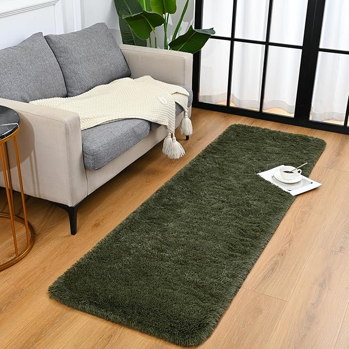 Goideal Fluffy Runner Rug for Bedroom Living Room, 2x6 Olive Green Bedside Rugs, Faux Fur Shag Modern Carpet Ultra Soft Girls Boys Room Home Decor, Solid