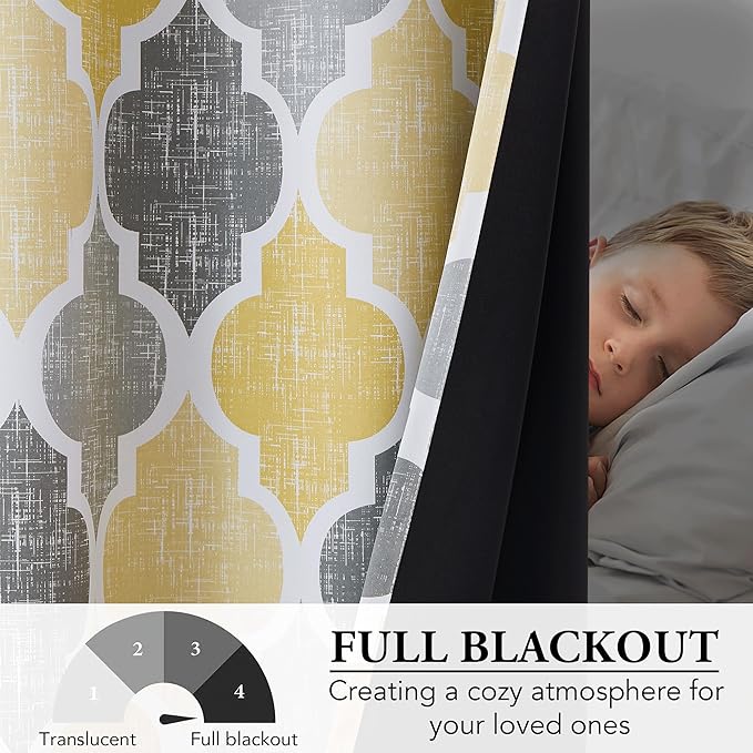 Beauoop 100% Blackout Curtains 63 Inches Long 2 Panels for Bedroom Living Room Yellow Grey Moroccan Geo Room Darkening Thermal Insulated Soundproof Rod Pocket Back Tab Window Treatments Drapes, 50x63
