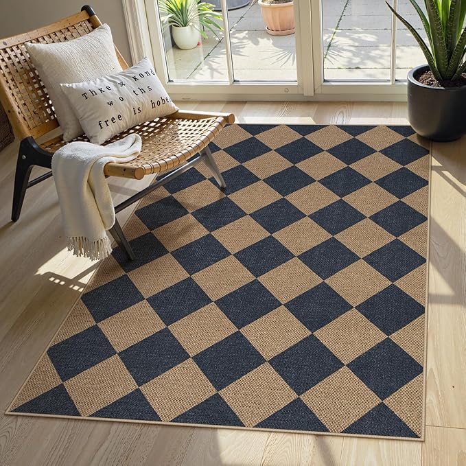 Lahome Colette Checkered Easy Jute Entryway Rug, 3x5 Washable Area Rugs for Living Room Outdoor Patio, Non Slip Blue Indoor Door Mat Checkerboard Throw Carpet for Entry Front Door Guestroom Deck