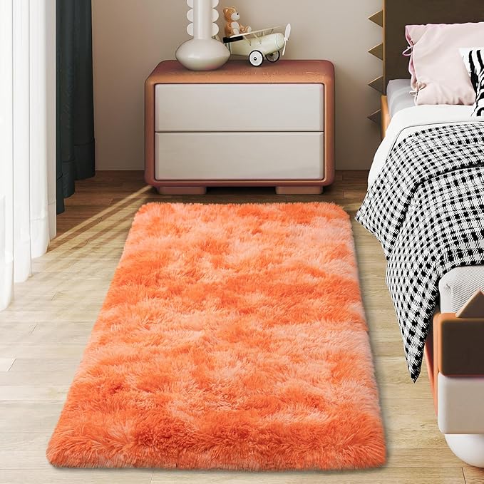Soft Runner Rugs for Bedroom Hallways, 2x4 Tie-Dyed Orange Fluffy Shag Throw Area Rug Non Slip for Bedside Dorm, Long Shaggy Furry Carpet for Nursery Living Room