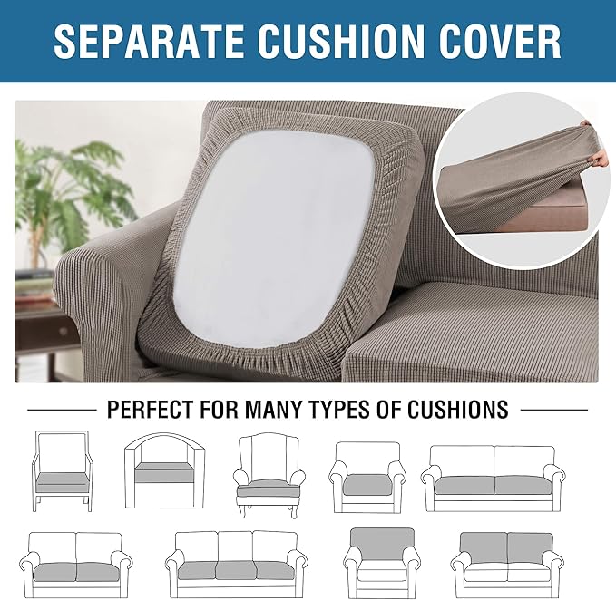 H.VERSAILTEX 3 Piece Stretch Sofa Covers for 2 Cushion Sofa Couch Covers for Living Room Sofa Slipcovers (Base Cover Plus 2 Seat Cushion Covers) Thicker Jacquard Fabric(Large Sofa, Taupe)
