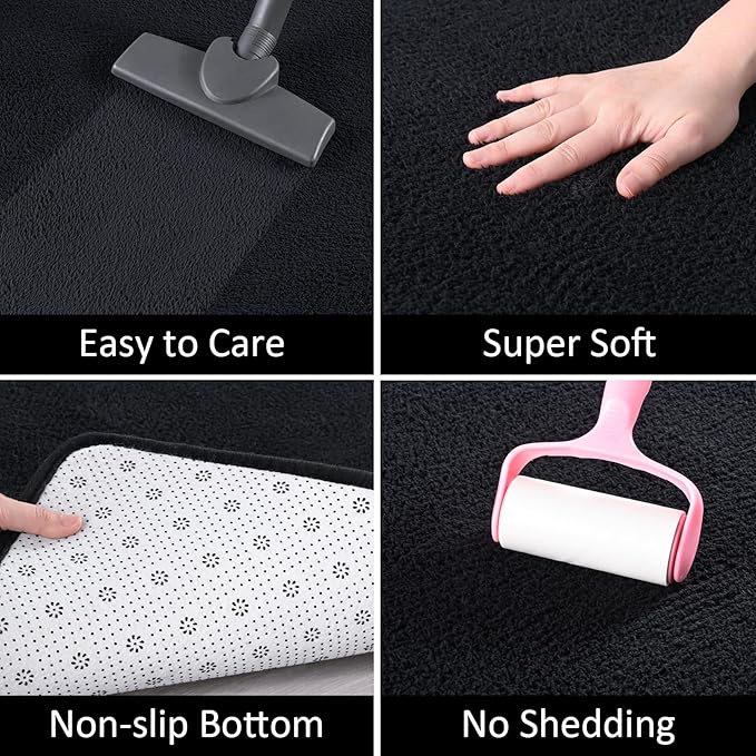 AROGAN Modern Shag Area Rug for Bedroom, 4x6 Feet Washable for Living Room, Indoor Floor Carpet, Plush Memory Foam Bedside for Kids Girls Teens Room, Low Pile Decor, Black