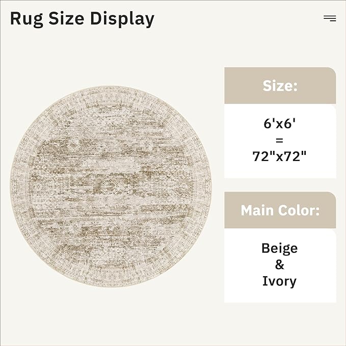 6x6 Brown Round Rug 6ft Living Room Circle Rug Vintage Round Area Rug Non Slip Indoor Carpet for Dining Room Bedroom